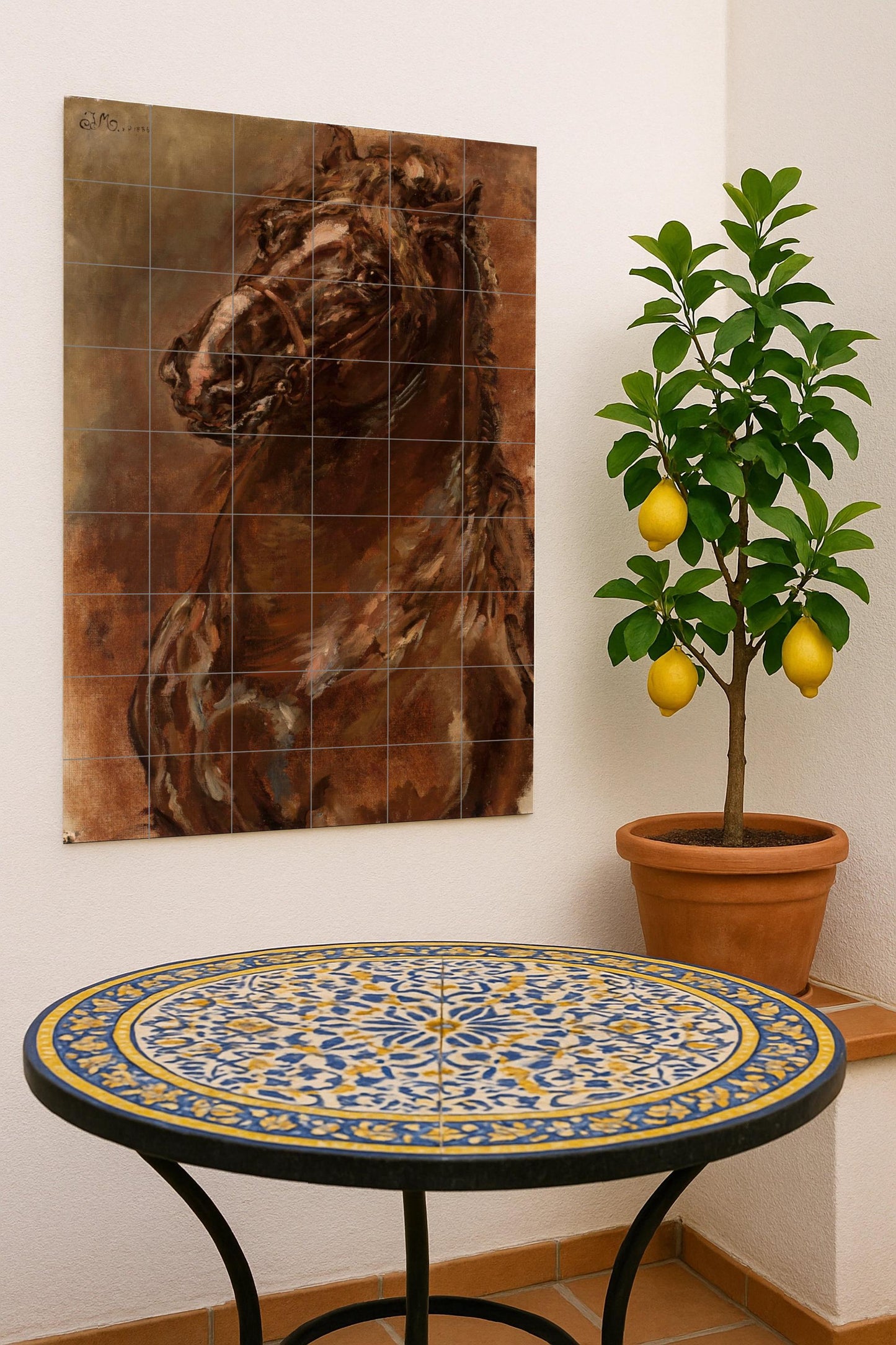 Horse Study: Dynamic ceramic mural depicting a powerful equine portrait in earth tones