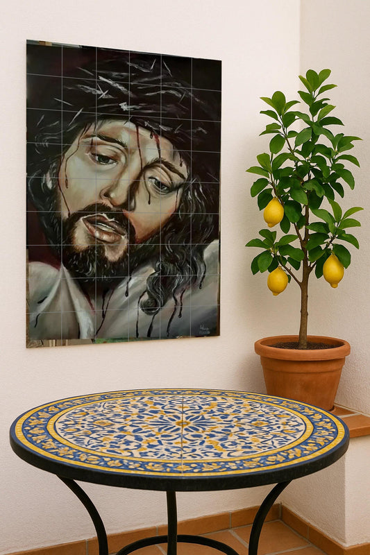 Christ crowned with thorns: contemporary religious ceramic mural of profound expression and sacred emotional realism