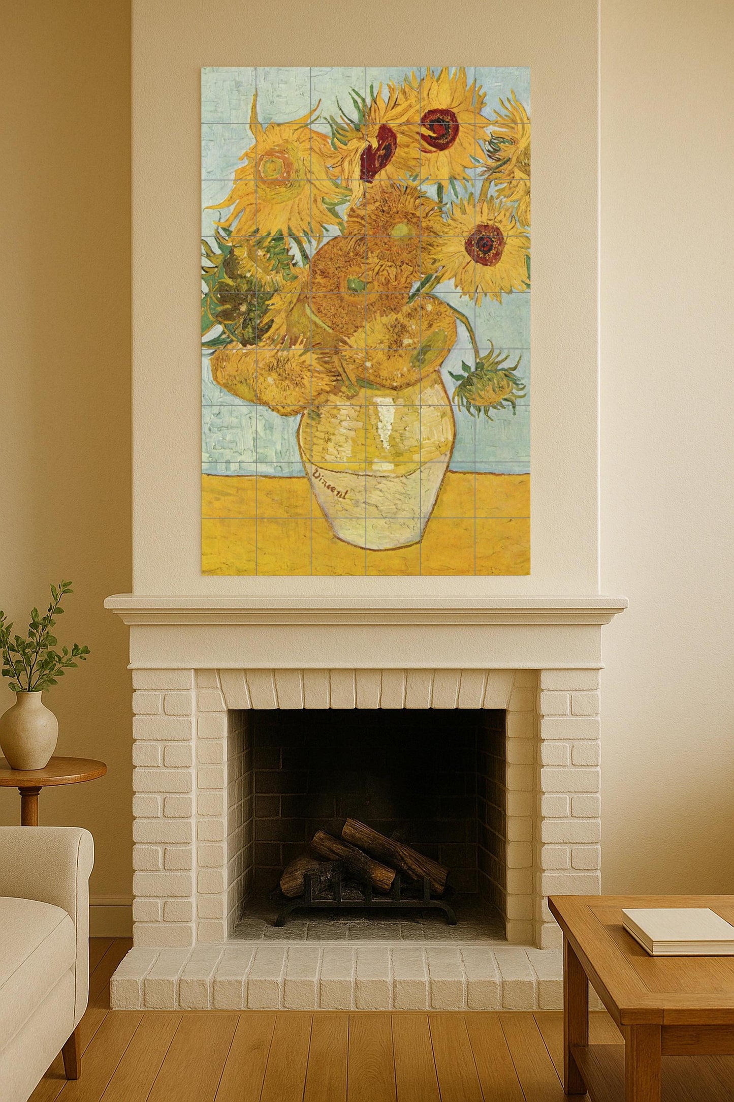 Sunflowers in a golden vase: masterful ceramic wall reproduction of Van Gogh's iconic painting, textured artistic wall decoration.