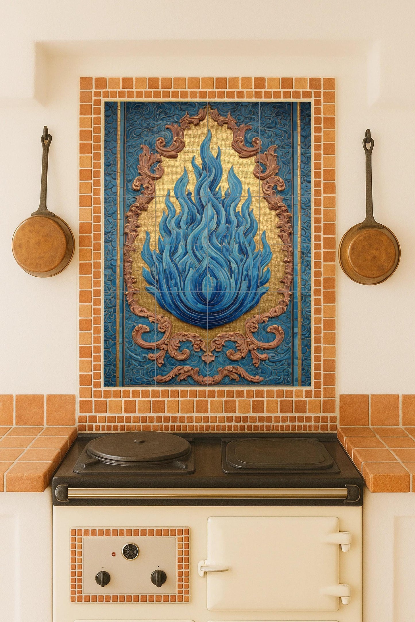 Blue flame on golden mosaic: impressive ceramic mural of Sacred Fire with ornamental relief and profound symbolic elegance.