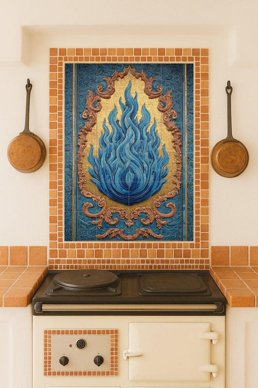 Blue flame on golden mosaic: impressive ceramic mural of Sacred Fire with ornamental relief and profound symbolic elegance.