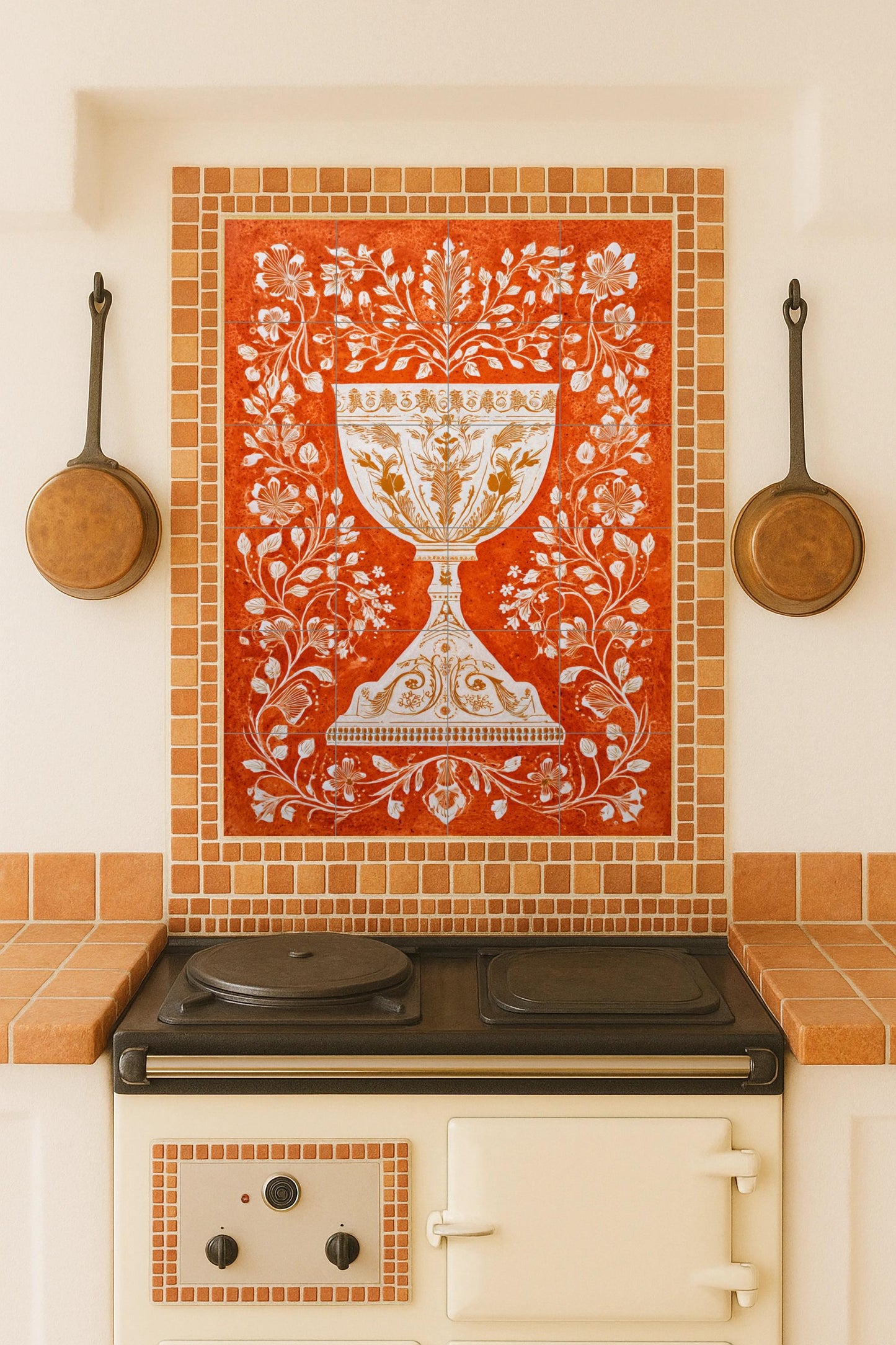 Golden Chalice – Ornamental ceramic mural with floral scrolls, baroque elegance, terracotta and white contrast, artistic wall piece