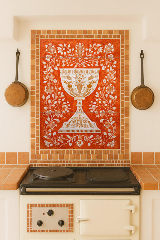 Golden Chalice – Ornamental ceramic mural with floral scrolls, baroque elegance, terracotta and white contrast, artistic wall piece