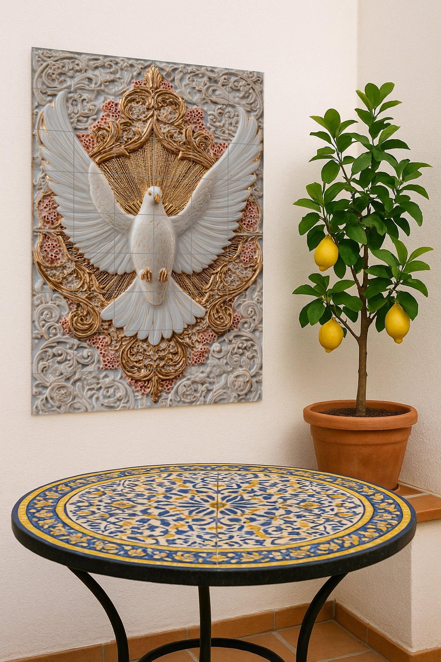 White Dove of Purity – Refined ceramic mural with gilded reliefs, symbol of peace and grace, Baroque-inspired decorative wall art