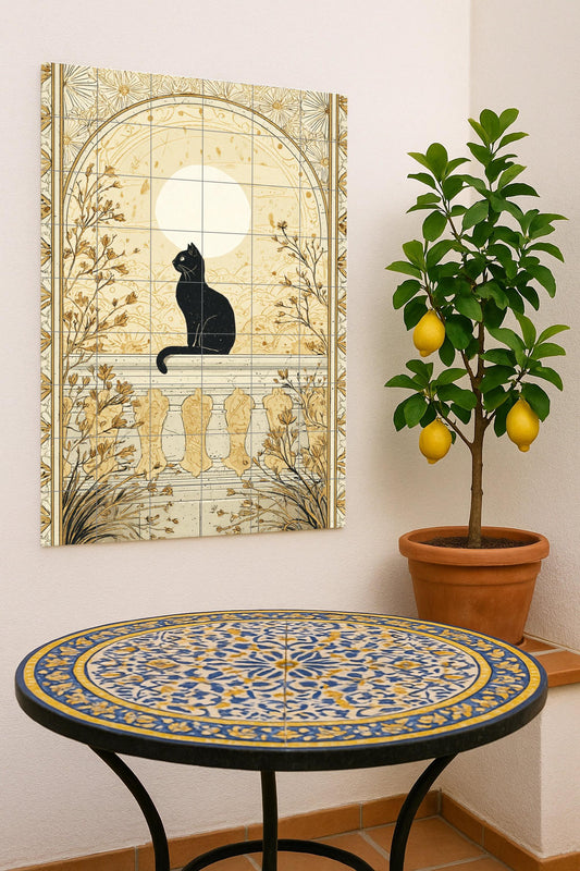 Black cat under the golden moon: elegant ceramic mural depicting night serenity, Art Nouveau balcony scene, botanical illustration, dreamlike mural art.