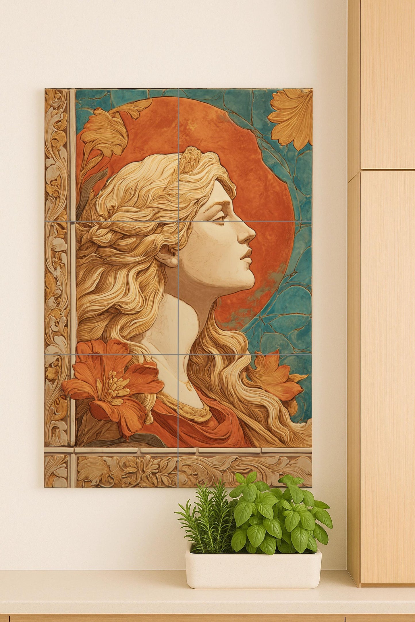 Aurelia ceramic mural – European Beauty, Art Nouveau portrait in terracotta and teal, symbolist artwork with gold ornament.