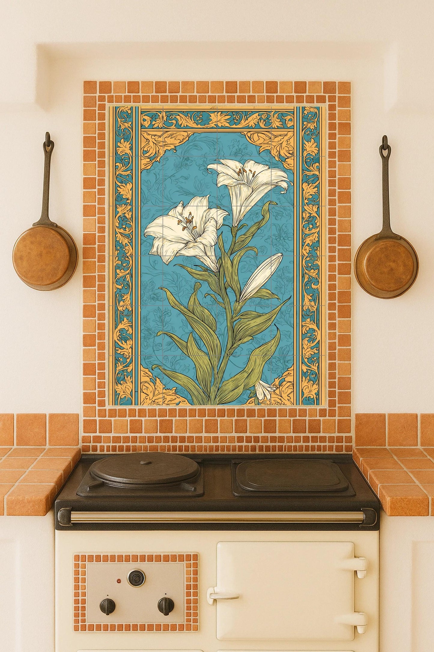 Lilium de Barcelona – Modernist ceramic mural with gold ornament and turquoise background, floral composition of Catalan modernist tiles.