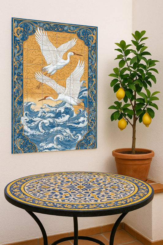 Wings over the Aegean – Ceramic mural with ornamental ocean waves and golden sky, symbolist tile work with cranes in flight