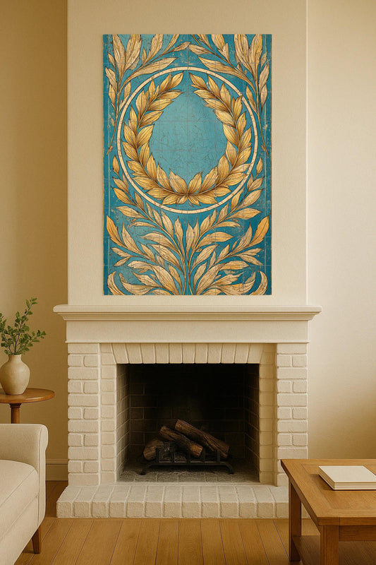 Golden Laurel Harmony: Turquoise ceramic wall art, classic botanical mural, handcrafted tile composition, Mediterranean ornament