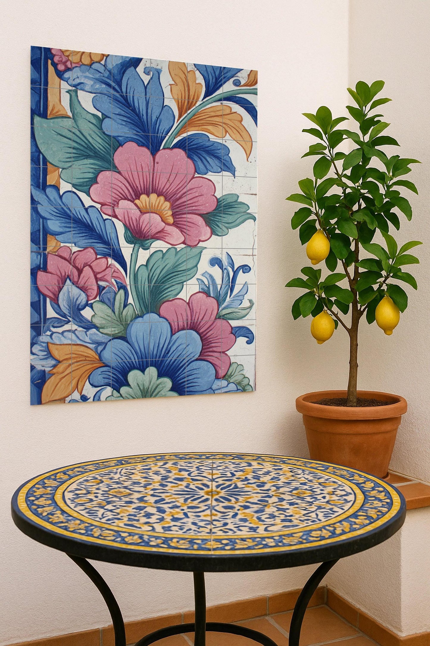 Flourishing Renaissance: Handcrafted ceramic mural with vibrant flowers, artistic foliage and Mediterranean decorative elegance.