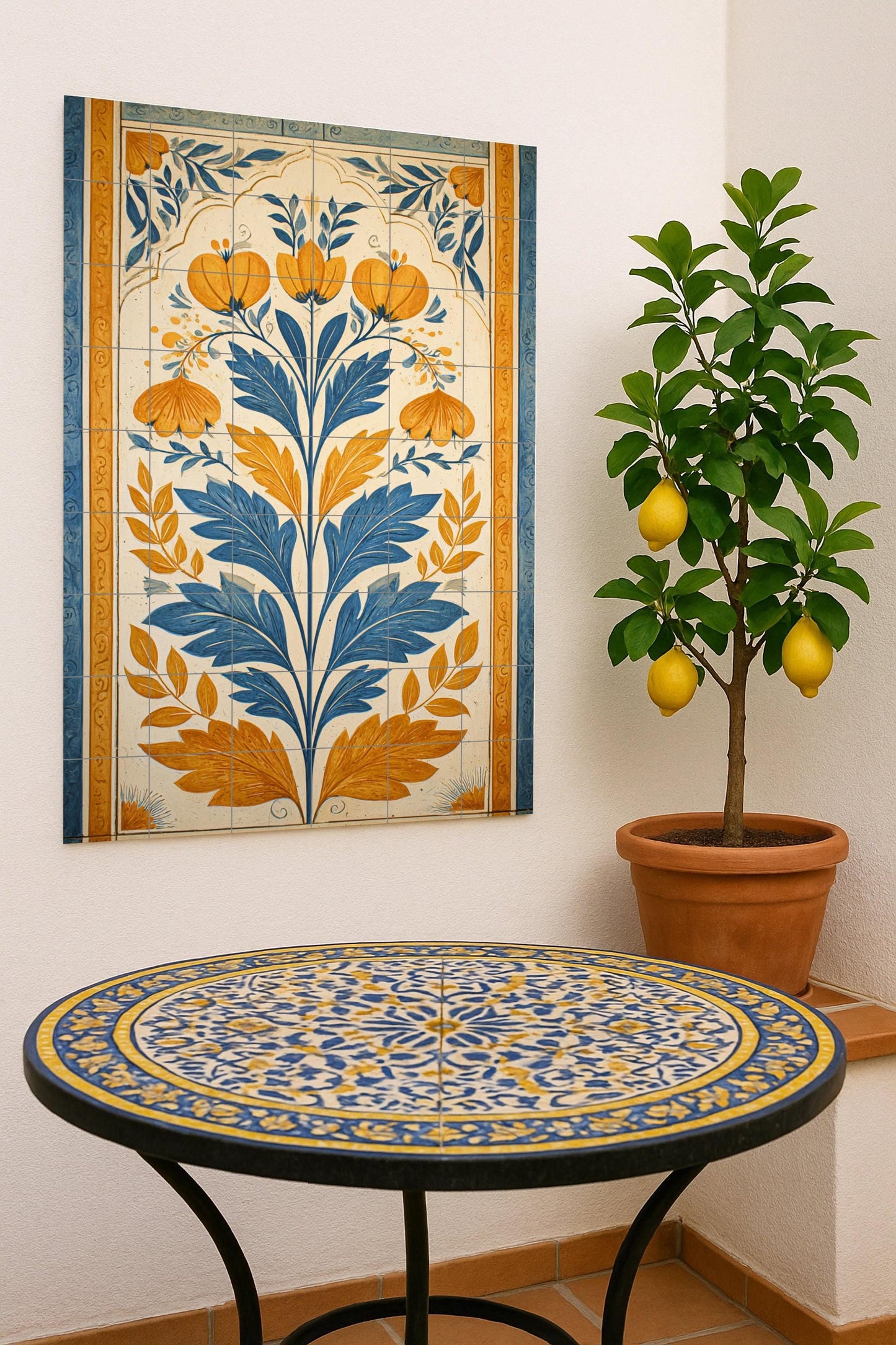 Ceramic mural from Bologna: Floral art in blue and ochre, Mediterranean botanical design, classic artisan style, elegant decoration.