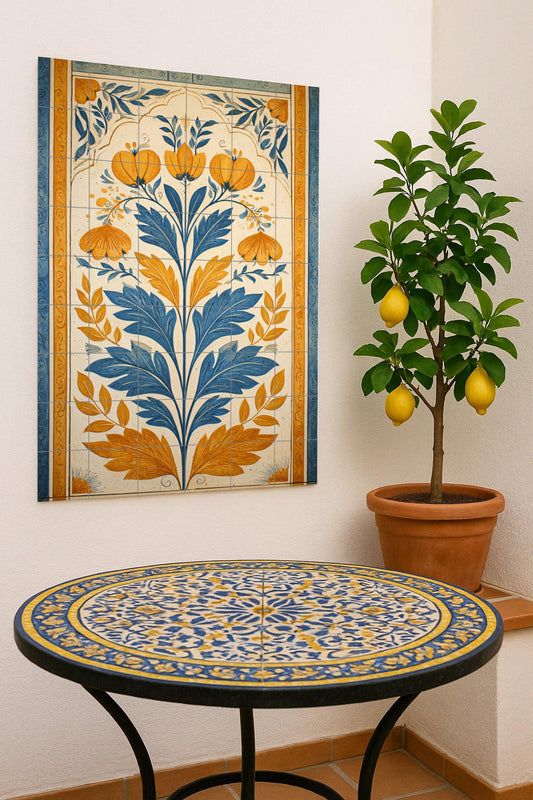 Ceramic mural from Bologna: Floral art in blue and ochre, Mediterranean botanical design, classic artisan style, elegant decoration.