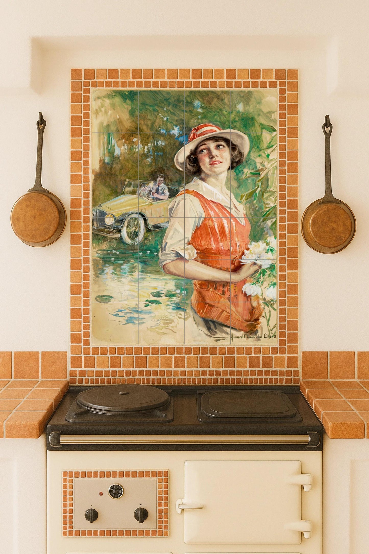 Romantic summer scene: Vintage ceramic mural of a lady and a car / Timeless retro wall art with elegance and color