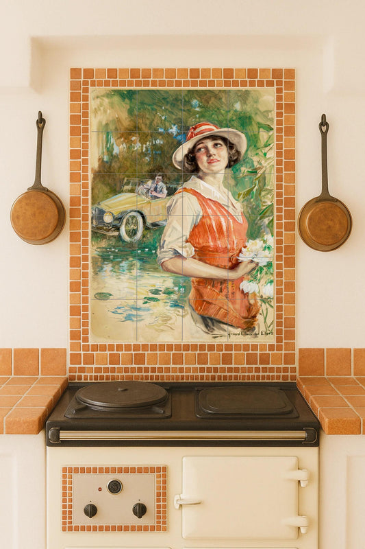 Romantic summer scene: Vintage ceramic mural of a lady and a car / Timeless retro wall art with elegance and color