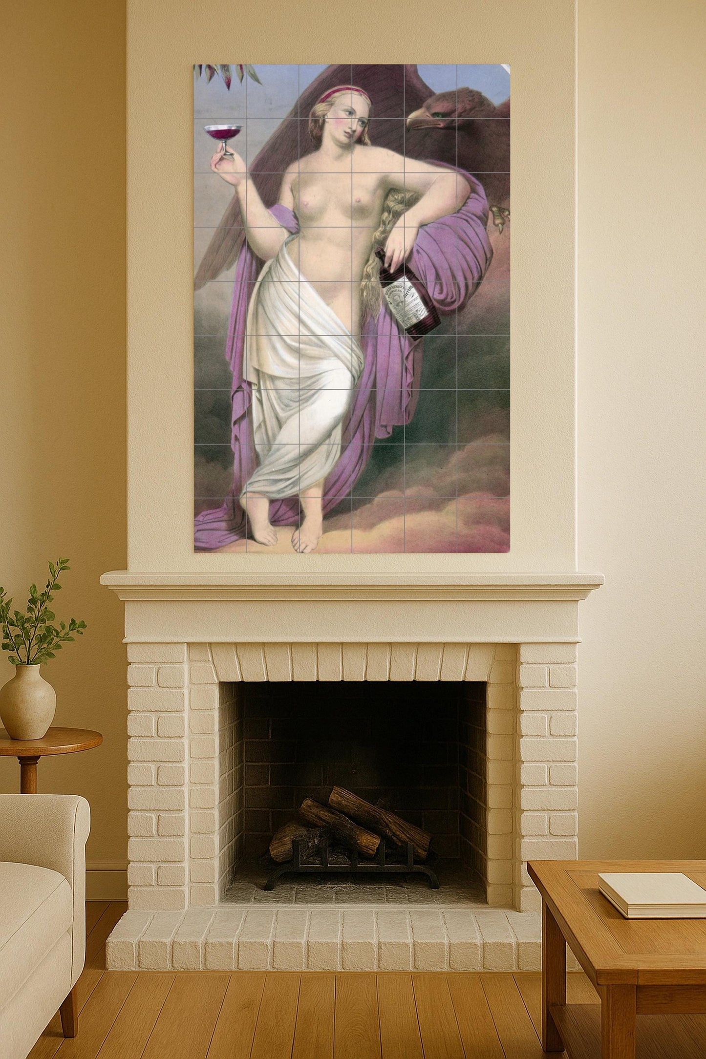 Mythical Elegance – Classic Ceramic Mural of a Woman with Chalice and Eagle / Allegorical Wall Art for Refined Interiors