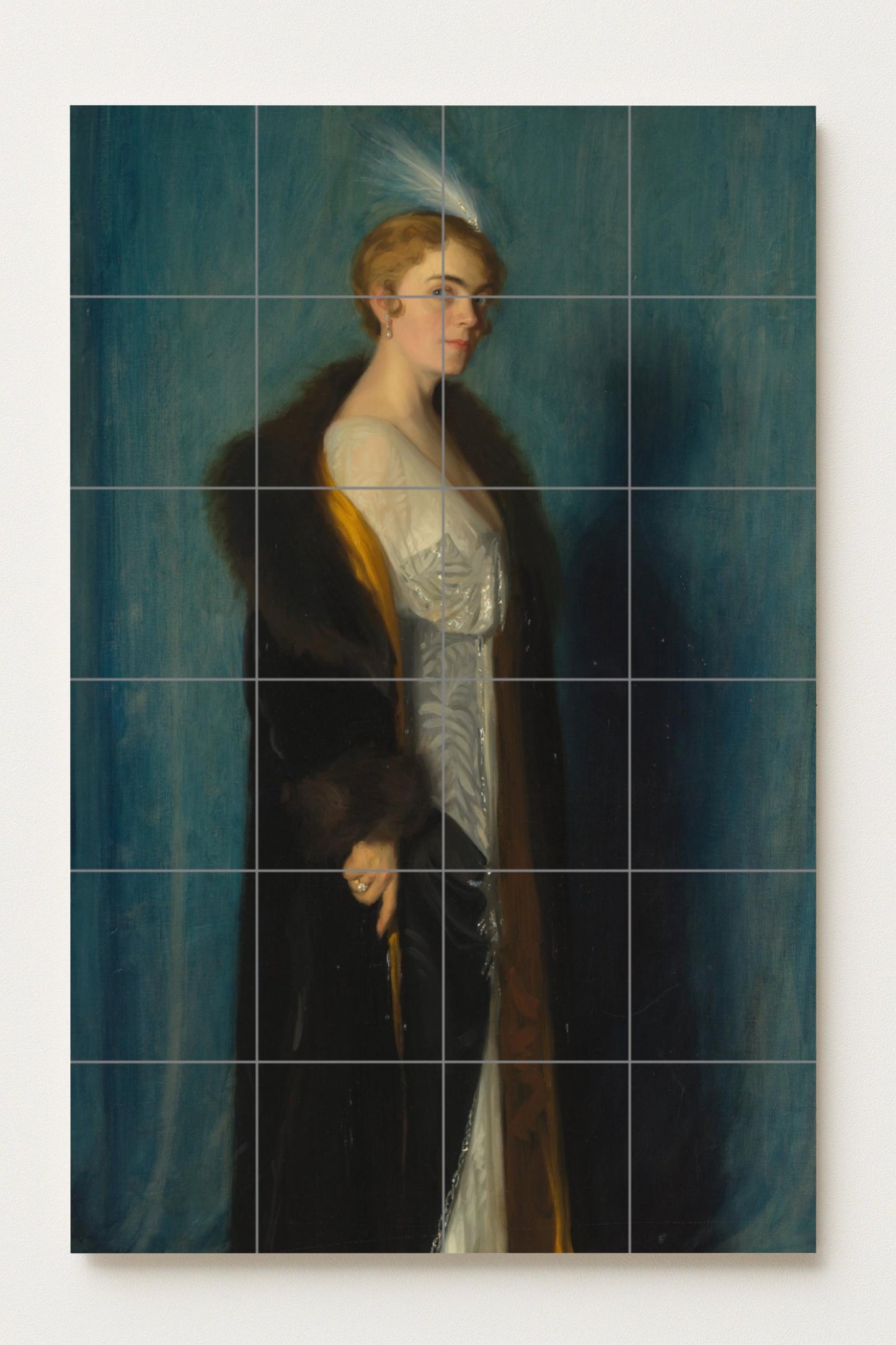 Elegant lady dressed in white and leather: ceramic mural of timeless beauty / Classic portrait with grace and refinement