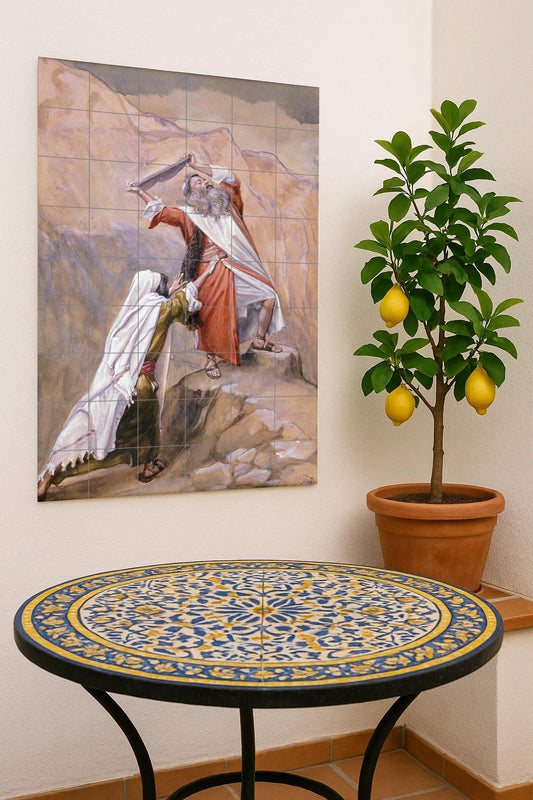 Moses Breaks the Tablets of the Law – Biblical Ceramic Mural of Divine Wrath and Renewal / Religious Mural Art from Exodus 32