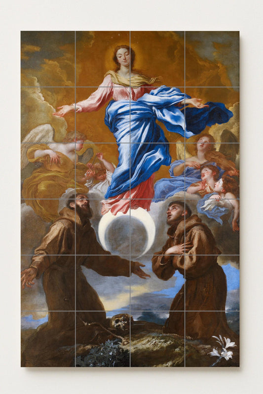 Immaculate Conception – Catholic ceramic mural of the Virgin Mary and angels / Classic religious mural art symbolizing purity and grace
