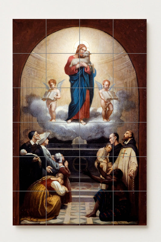 Sacred Heart of Jesus – Religious ceramic mural with angels and devotees / Classic Christian mural art of compassion and divine light