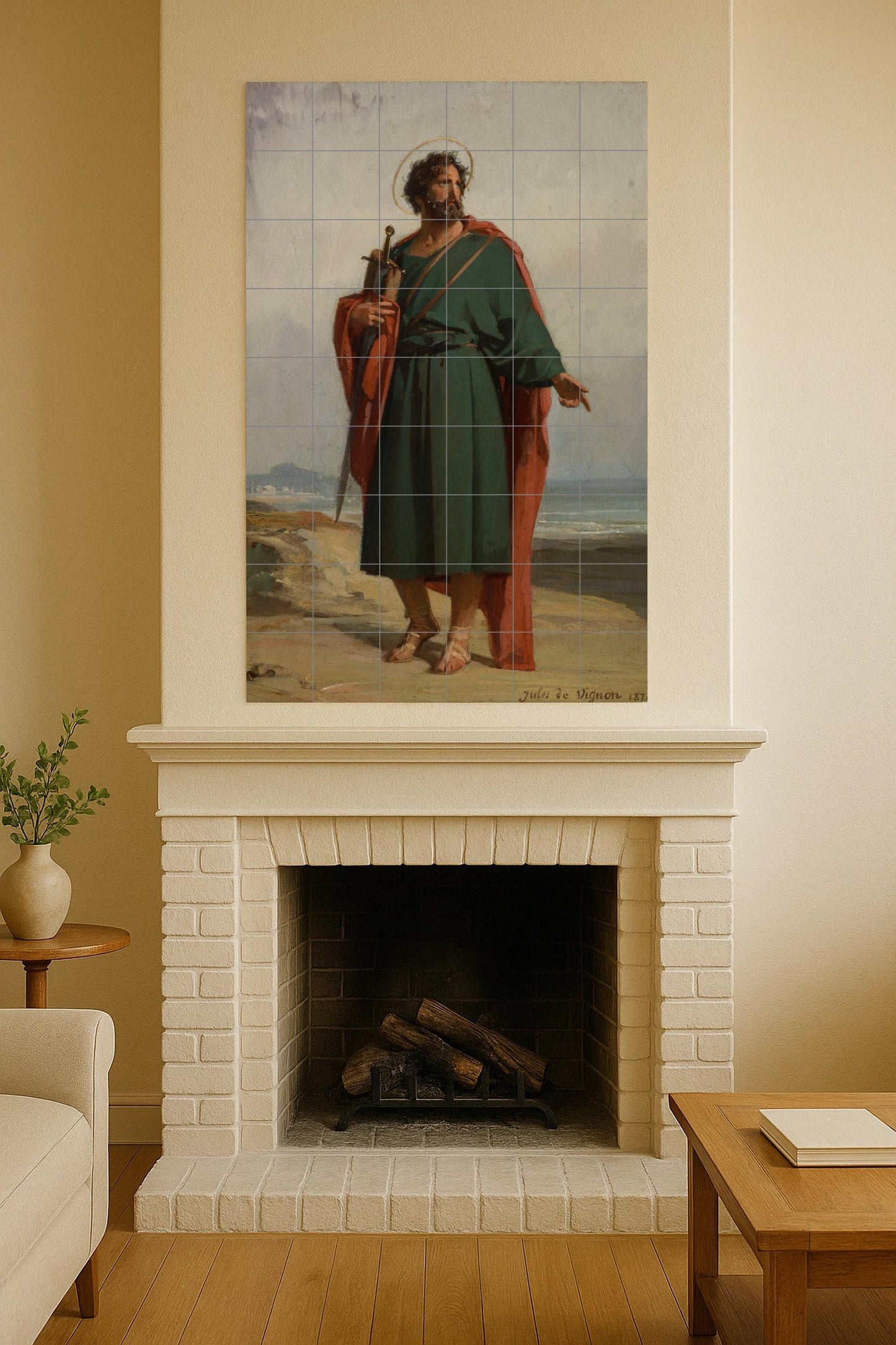 Saint Paul the Apostle – Religious ceramic mural with sword and red cloak / Classic Christian mural art inspired by sacred painting
