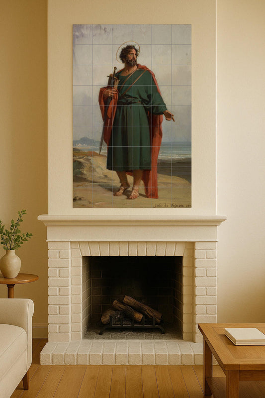 Saint Paul the Apostle – Religious ceramic mural with sword and red cloak / Classic Christian mural art inspired by sacred painting
