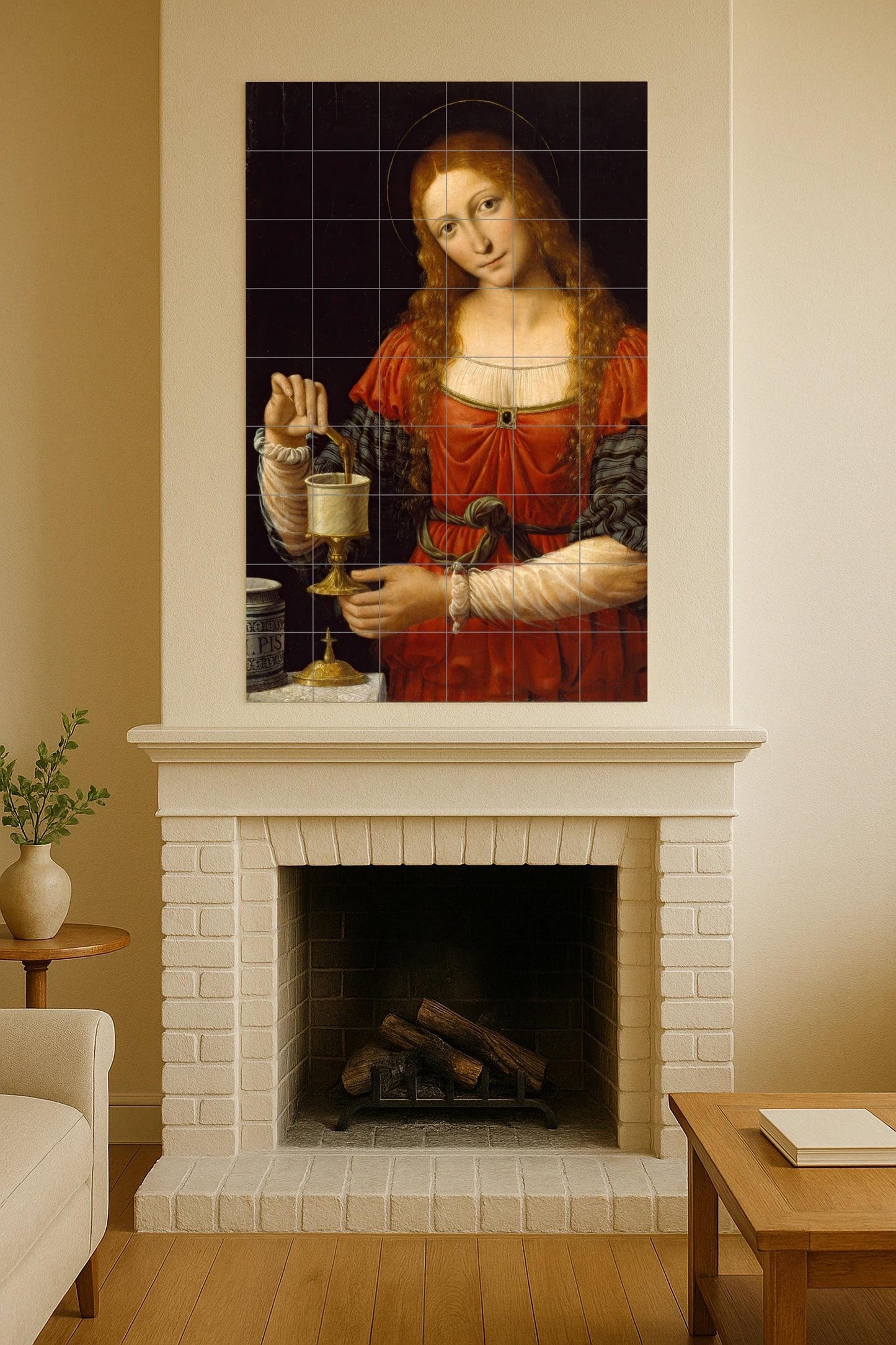 Saint Mary Magdalene – Religious ceramic mural with chalice and red tunic / Renaissance Christian mural art inspired by sacred painting