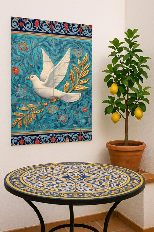 White Dove of Peace with Golden Olive Branch – Symbolic ceramic mural in turquoise and blue floral relief, Mediterranean artisan design