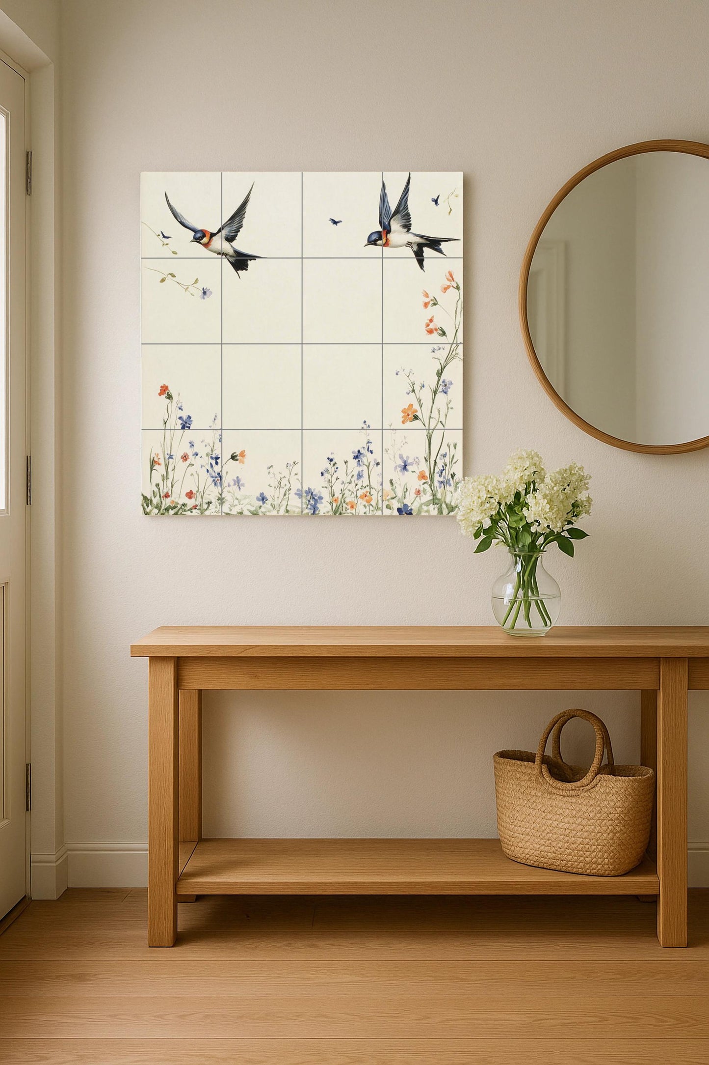 Ceramic mural "Spring Swallows": Minimalist European tile with birds in flight and a meadow of wildflowers, mural art inspired by nature.