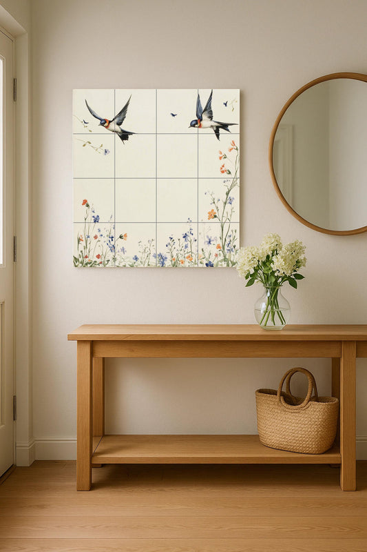 Ceramic mural "Spring Swallows": Minimalist European tile with birds in flight and a meadow of wildflowers, mural art inspired by nature.