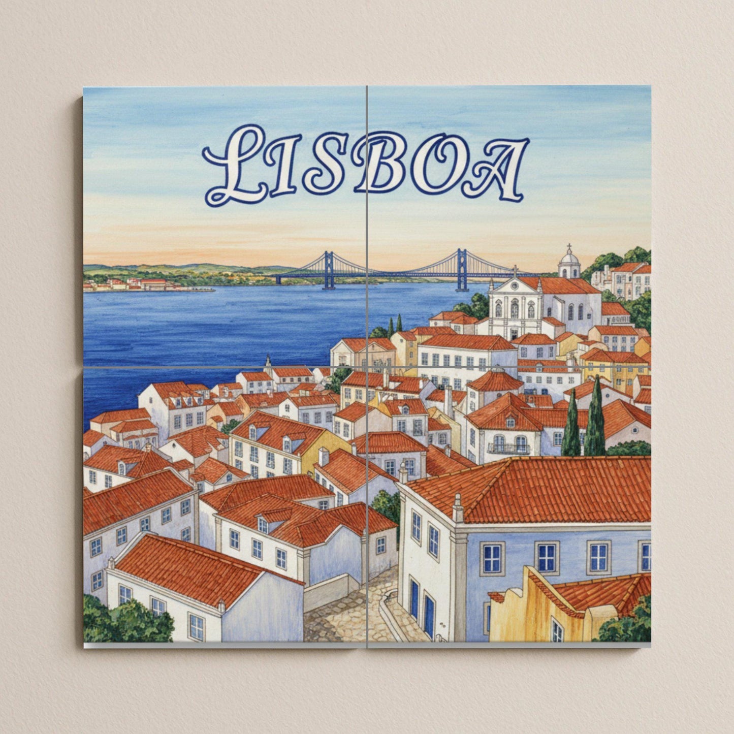 Lisbon – Portuguese ceramic mural of the rooftops of Alfama and the Tagus River / Lisbon cityscape tile art for Mediterranean interiors