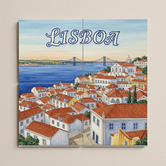 Lisbon – Portuguese ceramic mural of the rooftops of Alfama and the Tagus River / Lisbon cityscape tile art for Mediterranean interiors