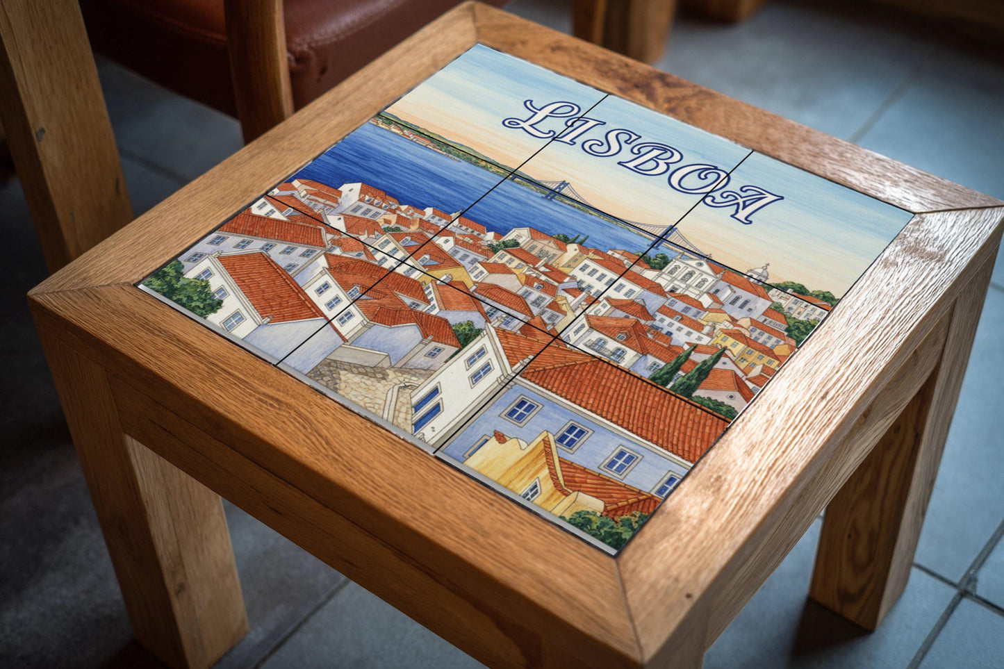 Lisbon – Portuguese ceramic mural of the rooftops of Alfama and the Tagus River / Lisbon cityscape tile art for Mediterranean interiors