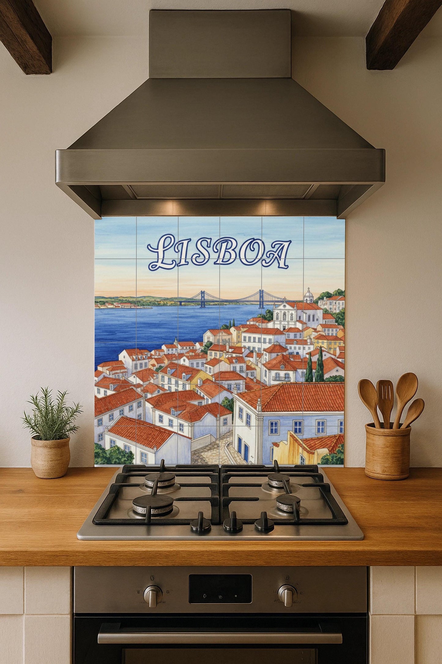 Lisbon – Portuguese ceramic mural of the rooftops of Alfama and the Tagus River / Lisbon cityscape tile art for Mediterranean interiors