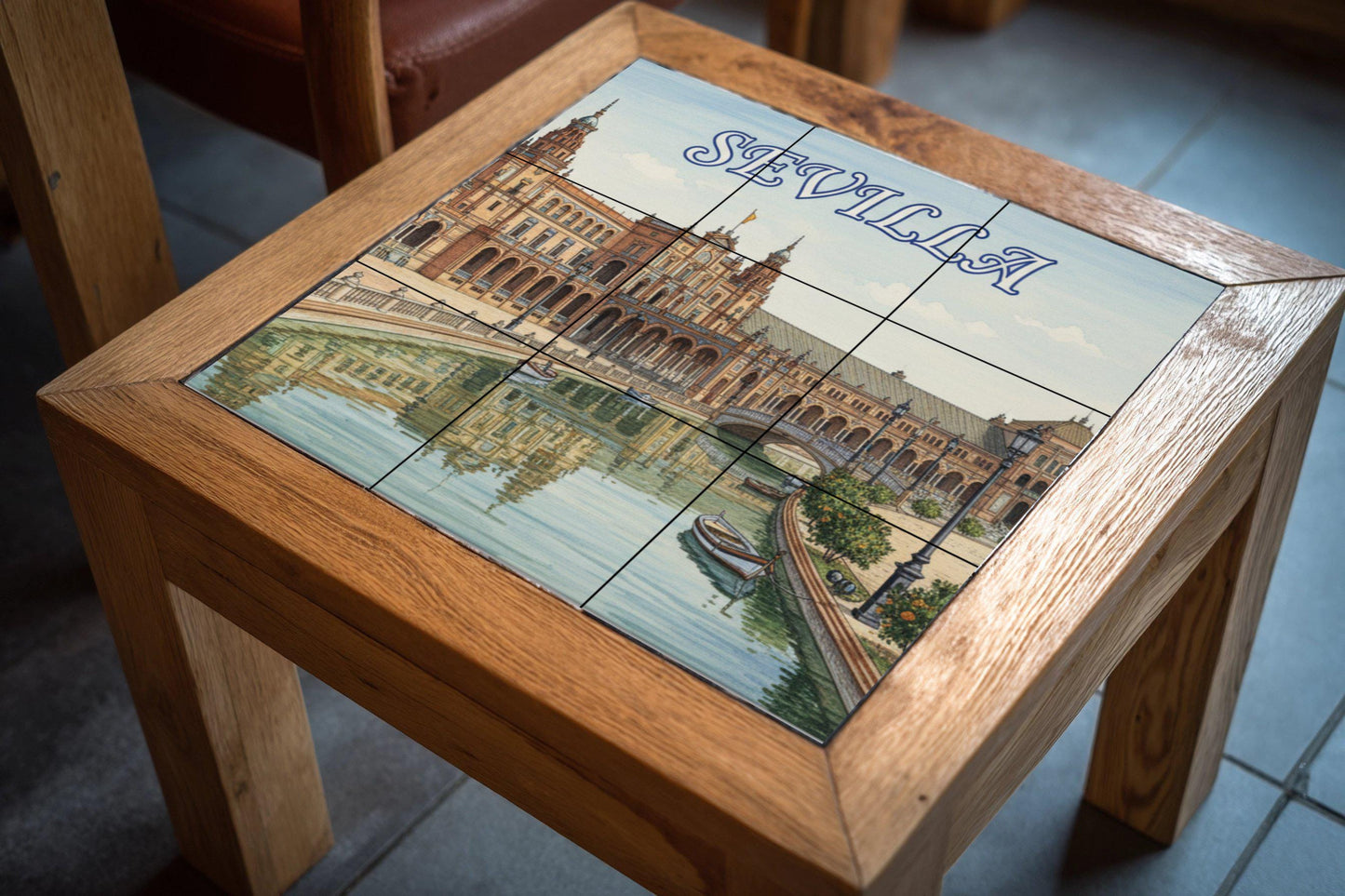 Ceramic wall mural of Plaza de España in Seville: Tile art featuring a cityscape of Seville and boats on the canals, ideal for the kitchen or living room.