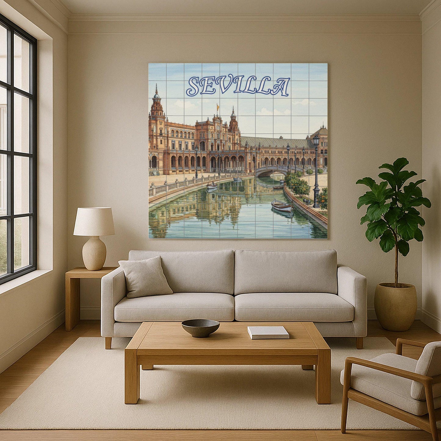 Ceramic wall mural of Plaza de España in Seville: Tile art featuring a cityscape of Seville and boats on the canals, ideal for the kitchen or living room.