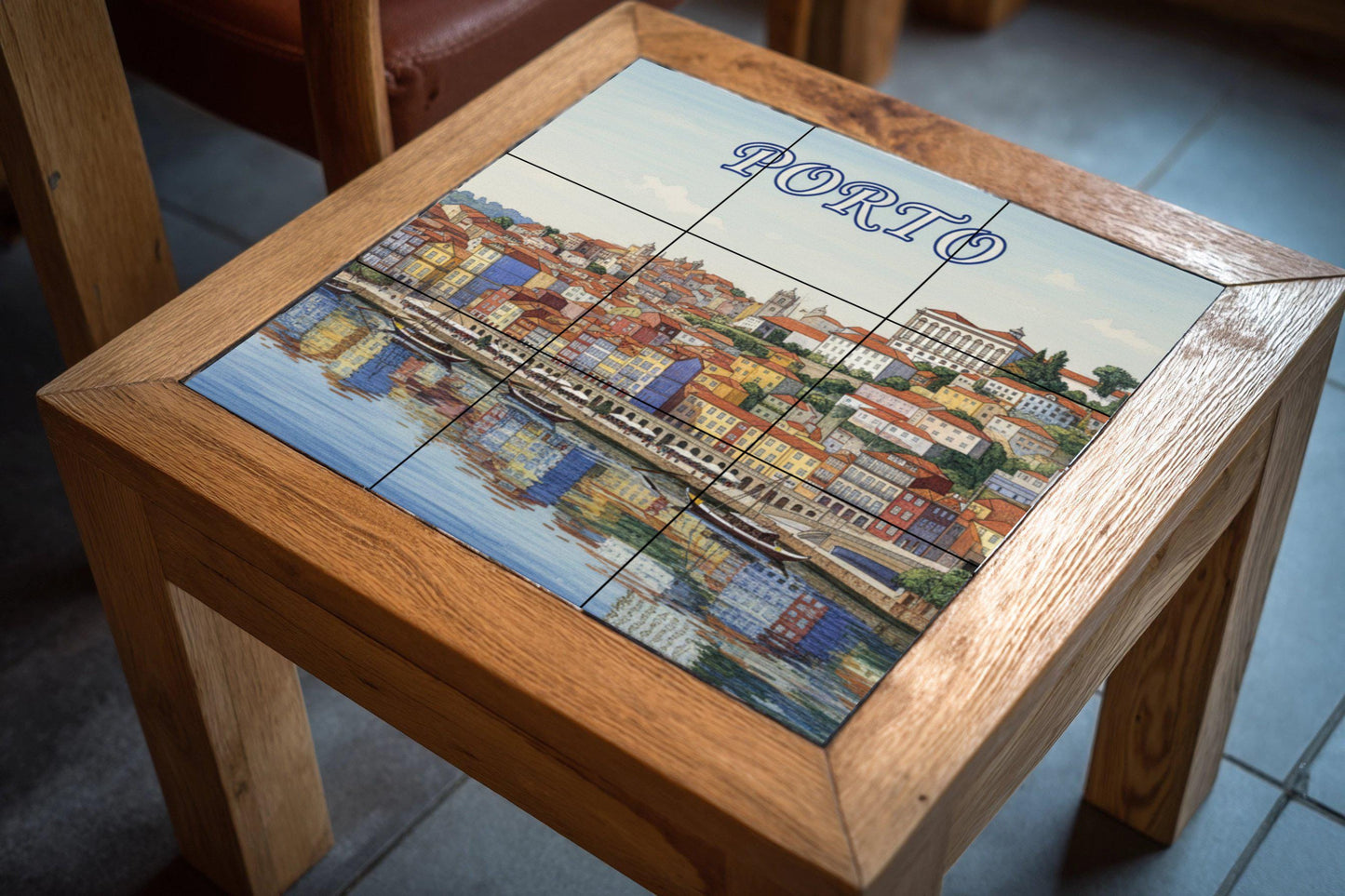 Ceramic wall mural featuring the banks of the Porto River: colorful Portuguese cityscape in tiles for the kitchen, bathroom or living room.