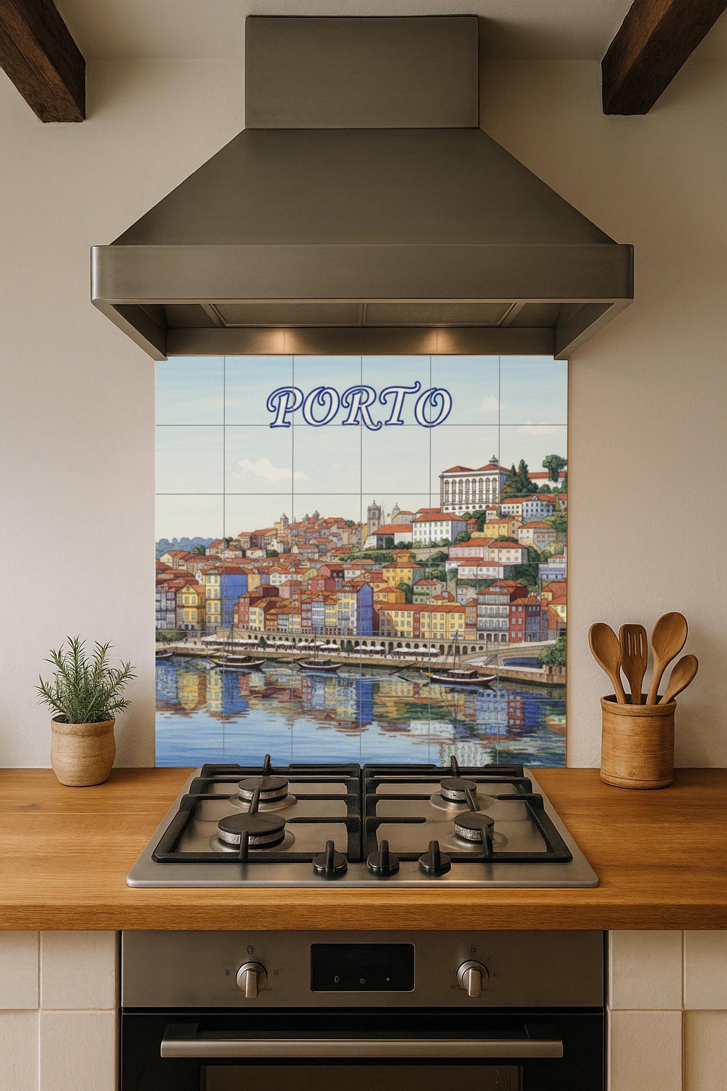Ceramic wall mural featuring the banks of the Porto River: colorful Portuguese cityscape in tiles for the kitchen, bathroom or living room.