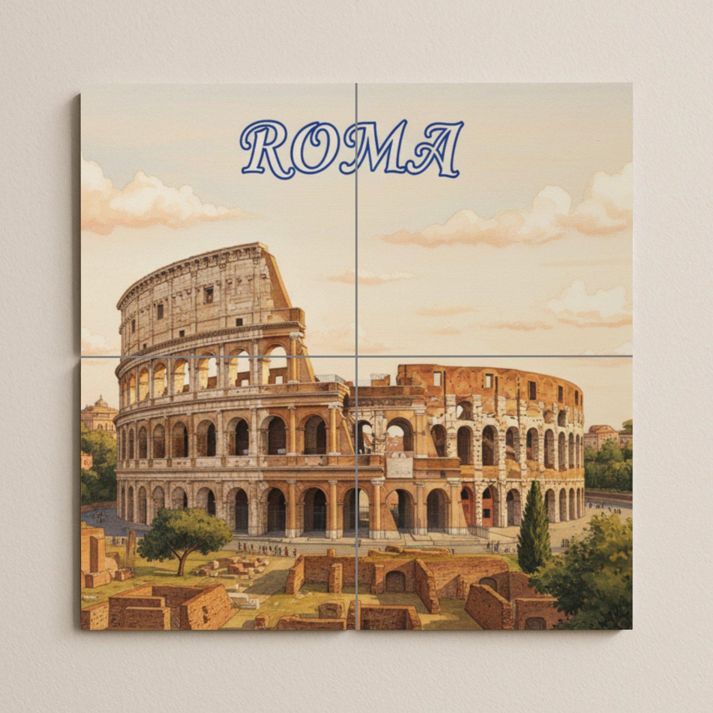 Ceramic wall mural of the Colosseum of Rome: Tile art with a Roman cityscape for decorating the kitchen, bathroom or living room.