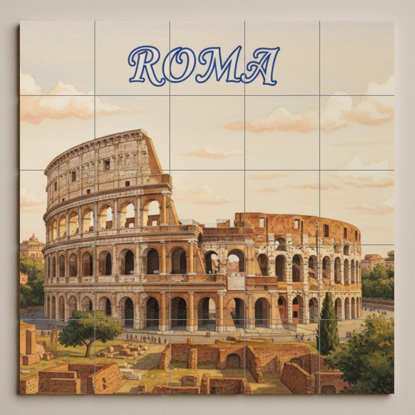 Ceramic wall mural of the Colosseum of Rome: Tile art with a Roman cityscape for decorating the kitchen, bathroom or living room.