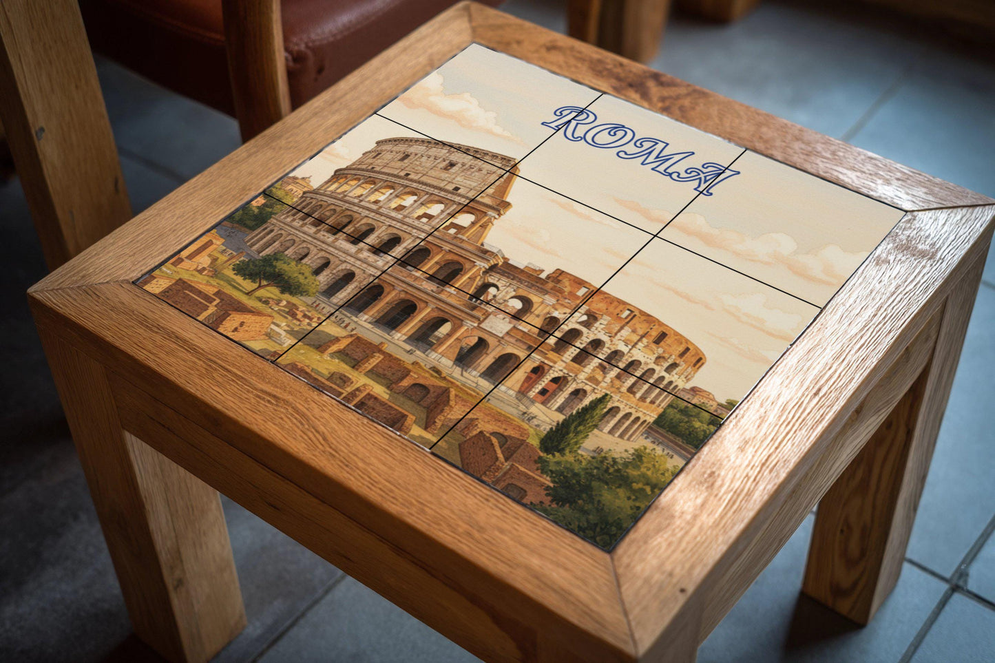 Ceramic wall mural of the Colosseum of Rome: Tile art with a Roman cityscape for decorating the kitchen, bathroom or living room.