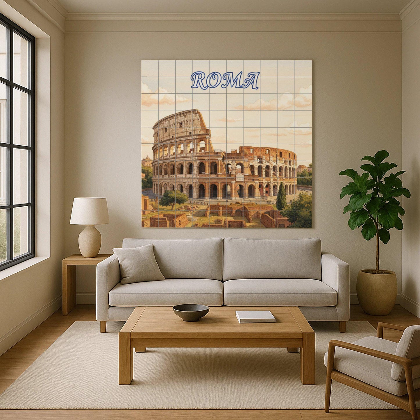 Ceramic wall mural of the Colosseum of Rome: Tile art with a Roman cityscape for decorating the kitchen, bathroom or living room.
