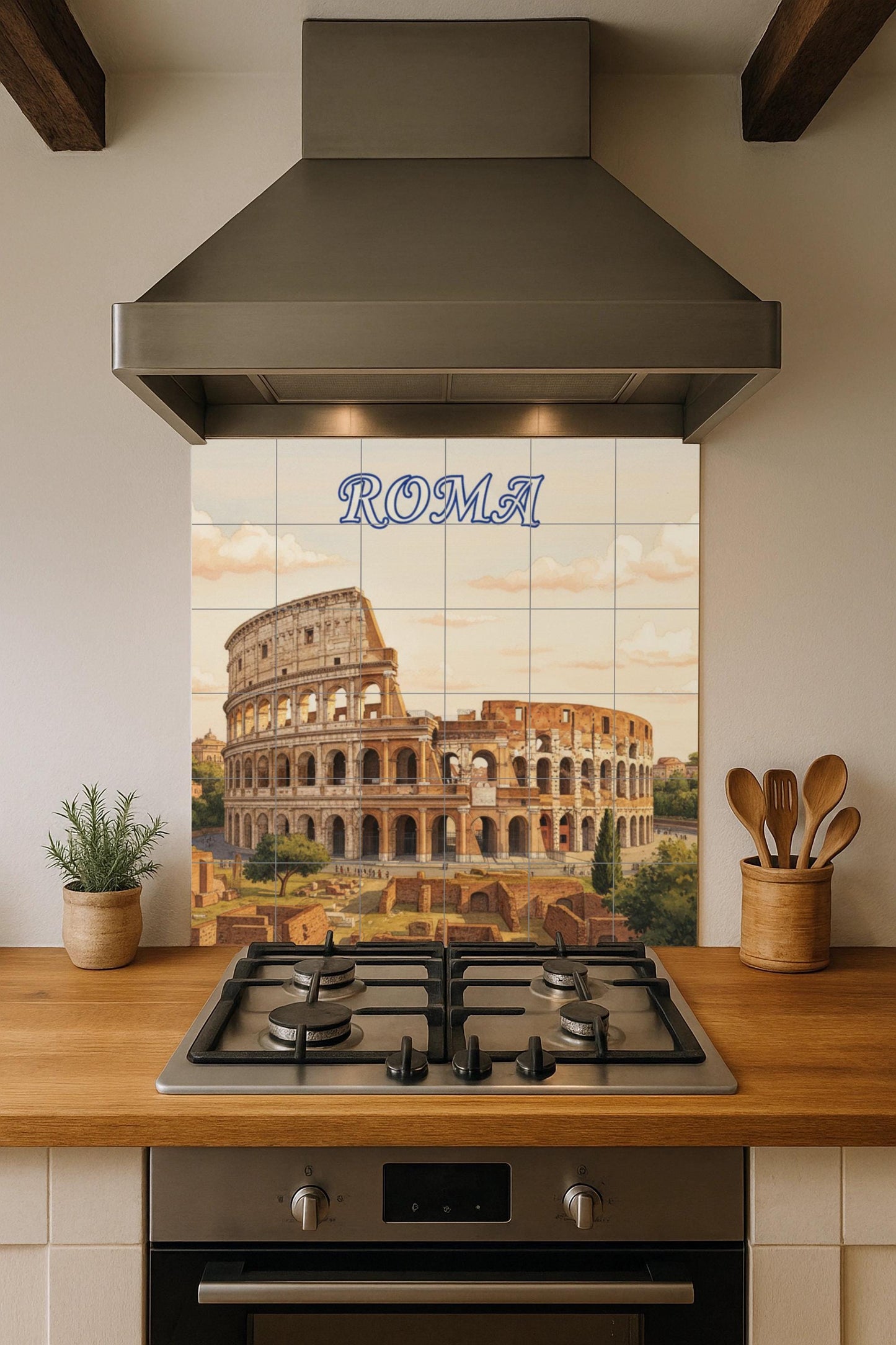 Ceramic wall mural of the Colosseum of Rome: Tile art with a Roman cityscape for decorating the kitchen, bathroom or living room.