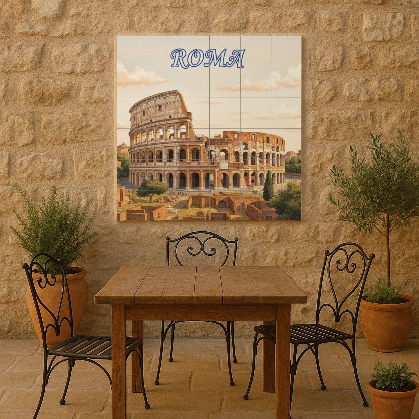 Ceramic wall mural of the Colosseum of Rome: Tile art with a Roman cityscape for decorating the kitchen, bathroom or living room.