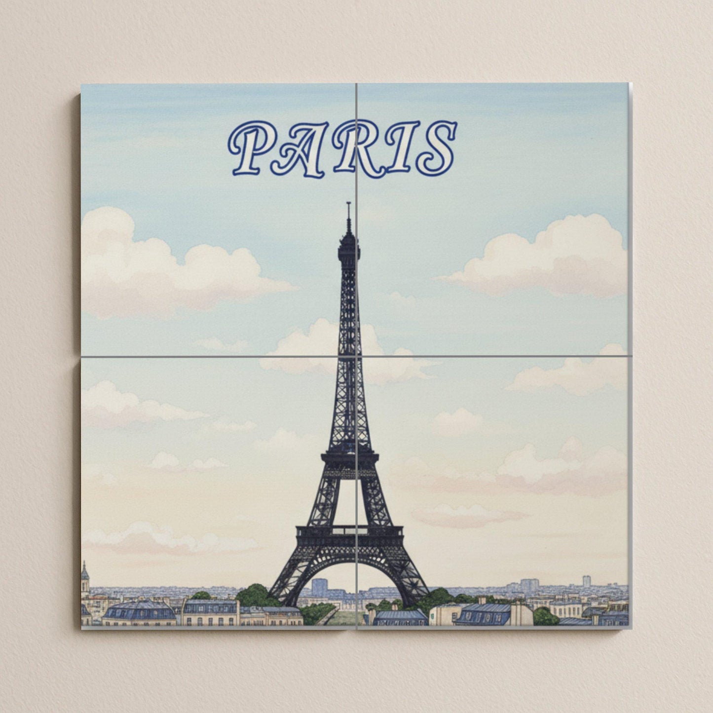 Paris Eiffel Tower Ceramic Wall Mural: French cityscape tile art for kitchen, bathroom or living room decoration.