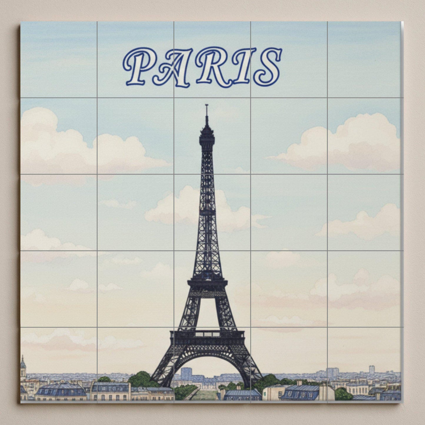 Paris Eiffel Tower Ceramic Wall Mural: French cityscape tile art for kitchen, bathroom or living room decoration.