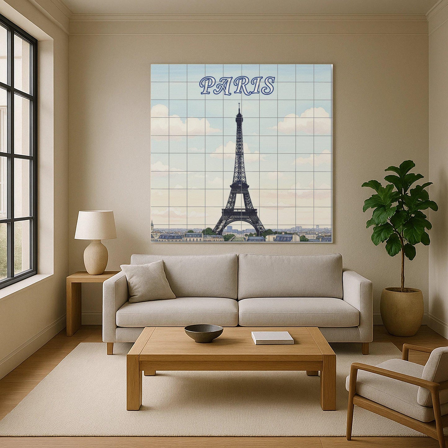 Paris Eiffel Tower Ceramic Wall Mural: French cityscape tile art for kitchen, bathroom or living room decoration.