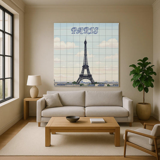 Paris Eiffel Tower Ceramic Wall Mural: French cityscape tile art for kitchen, bathroom or living room decoration.