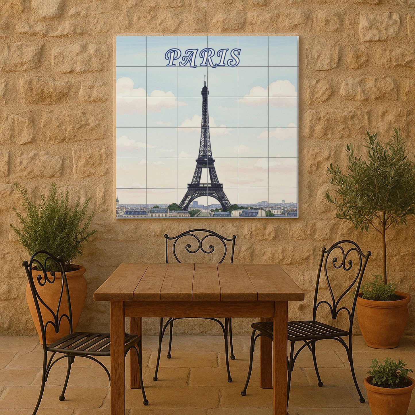 Paris Eiffel Tower Ceramic Wall Mural: French cityscape tile art for kitchen, bathroom or living room decoration.