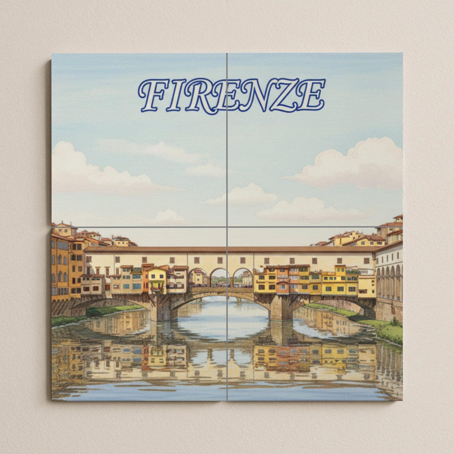 Ceramic wall mural of the Ponte Vecchio of Florence: Tile art with the cityscape of Florence for decorating the kitchen, bathroom or living room.