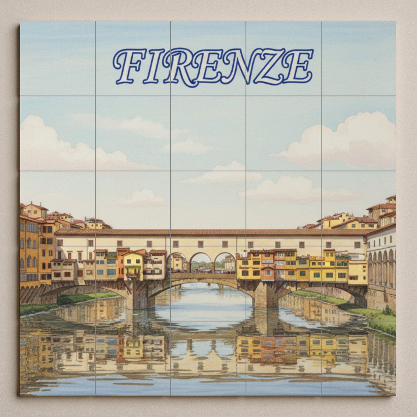 Ceramic wall mural of the Ponte Vecchio of Florence: Tile art with the cityscape of Florence for decorating the kitchen, bathroom or living room.